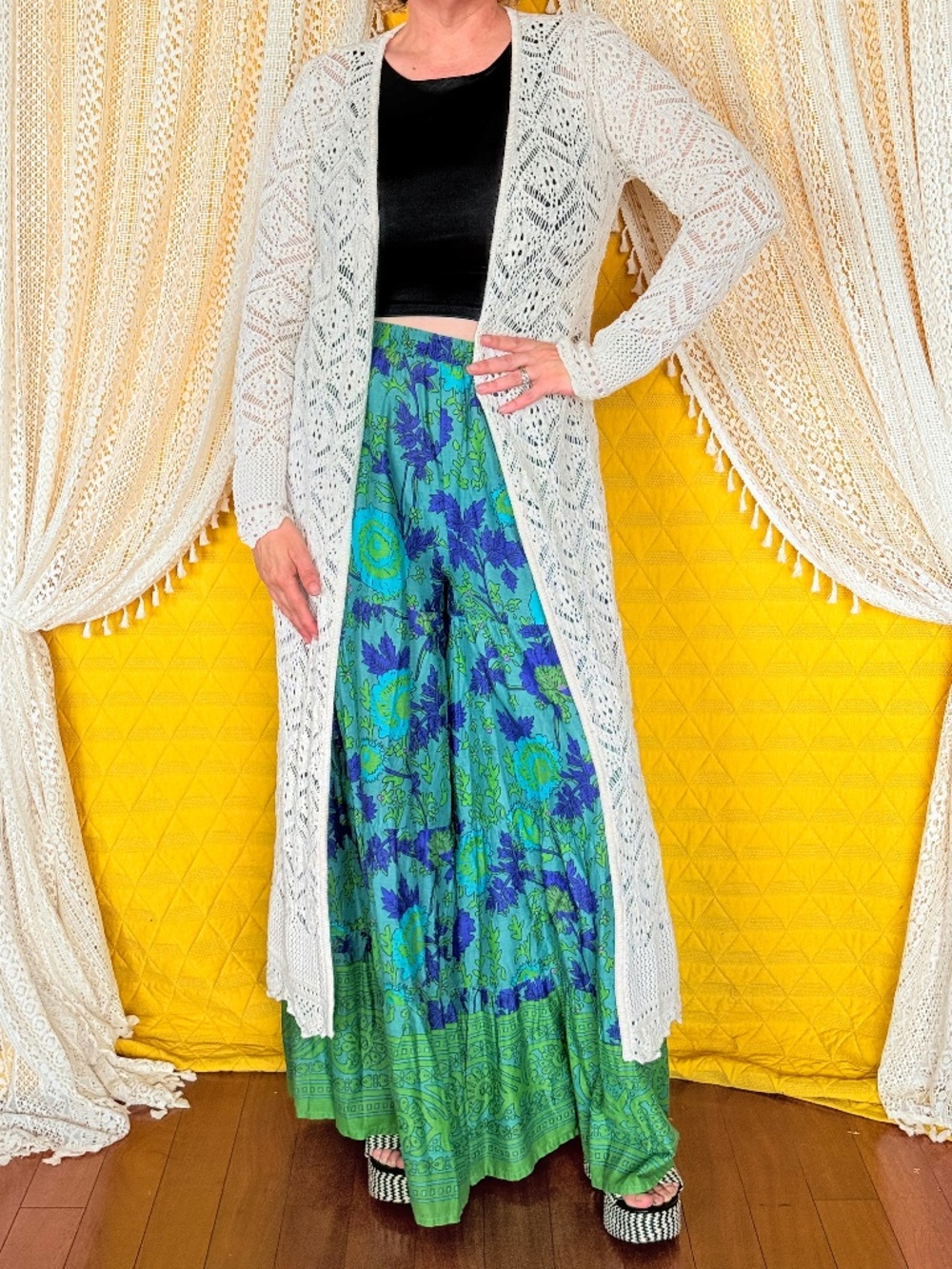 Boho Festival Cottagecore Hippie Crochet Cream Cardigan Maxi Duster Sz M